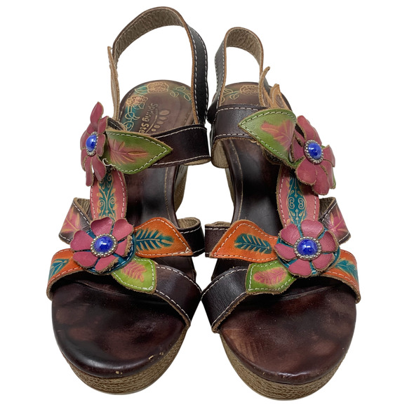 L'Artiste Spring Step Althea Leather Floral Wedge Heel Sandals Sz 38 US 7.5/8 - Picture 5 of 13